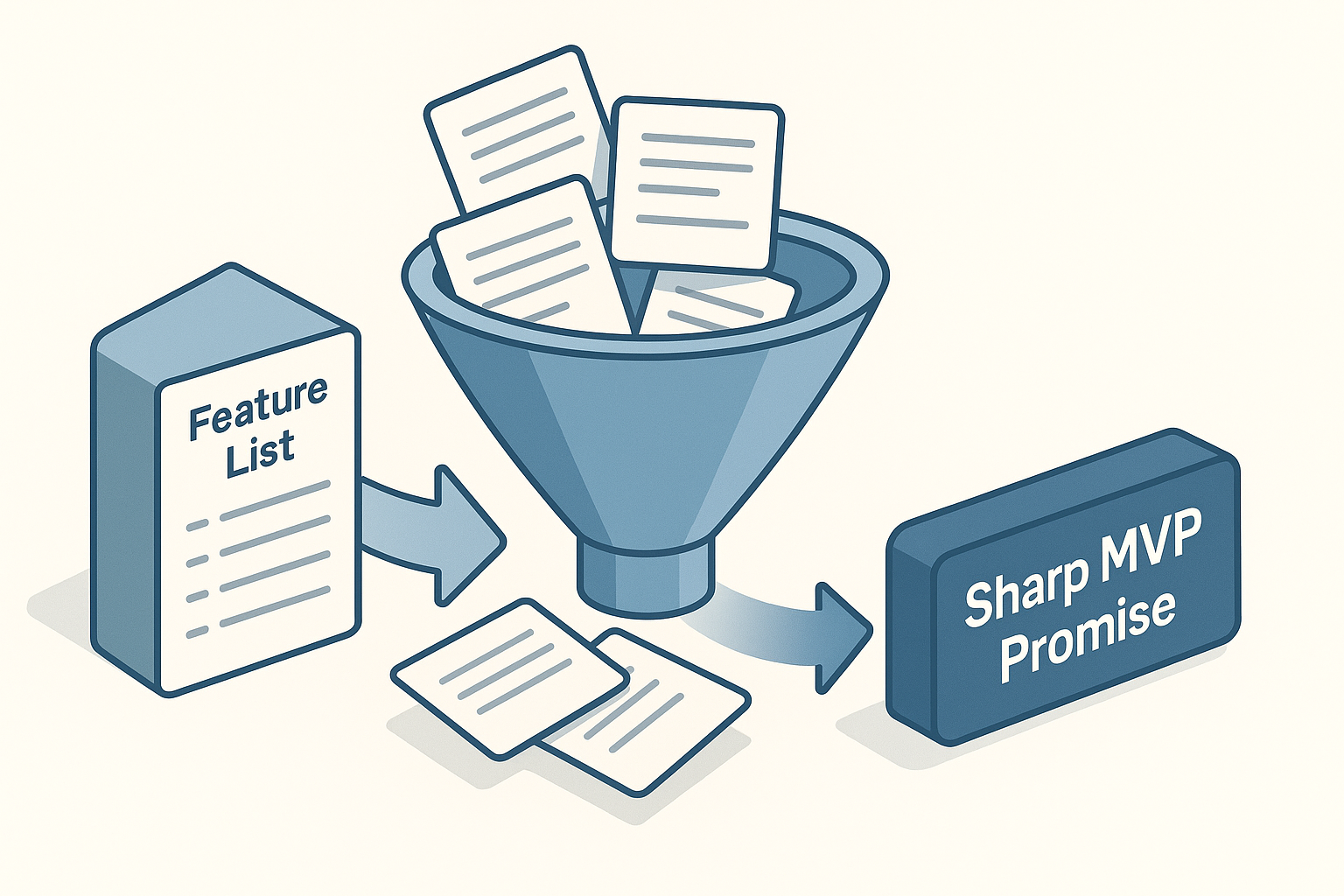 Funnel diagram showing feature list being distilled into a sharp MVP promise